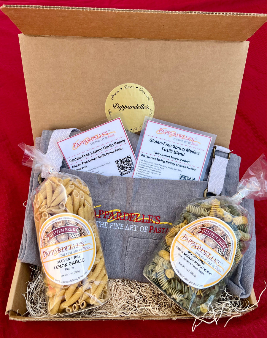 Gluten-free pasta gift box with multiple Papperdelle's packs and pasta pieces