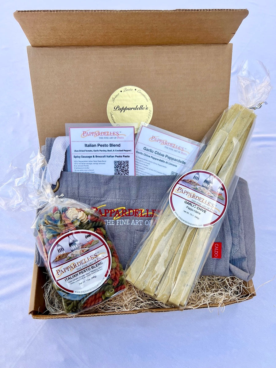 Pasta of the Month club gift box with labeled pasta packets and bow-wrapped pasta bundles