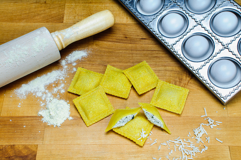 Asiago, Roasted Garlic & Fresh Basil Ravioli in Turmeric Egg Dough - 24 pc, About 12 oz