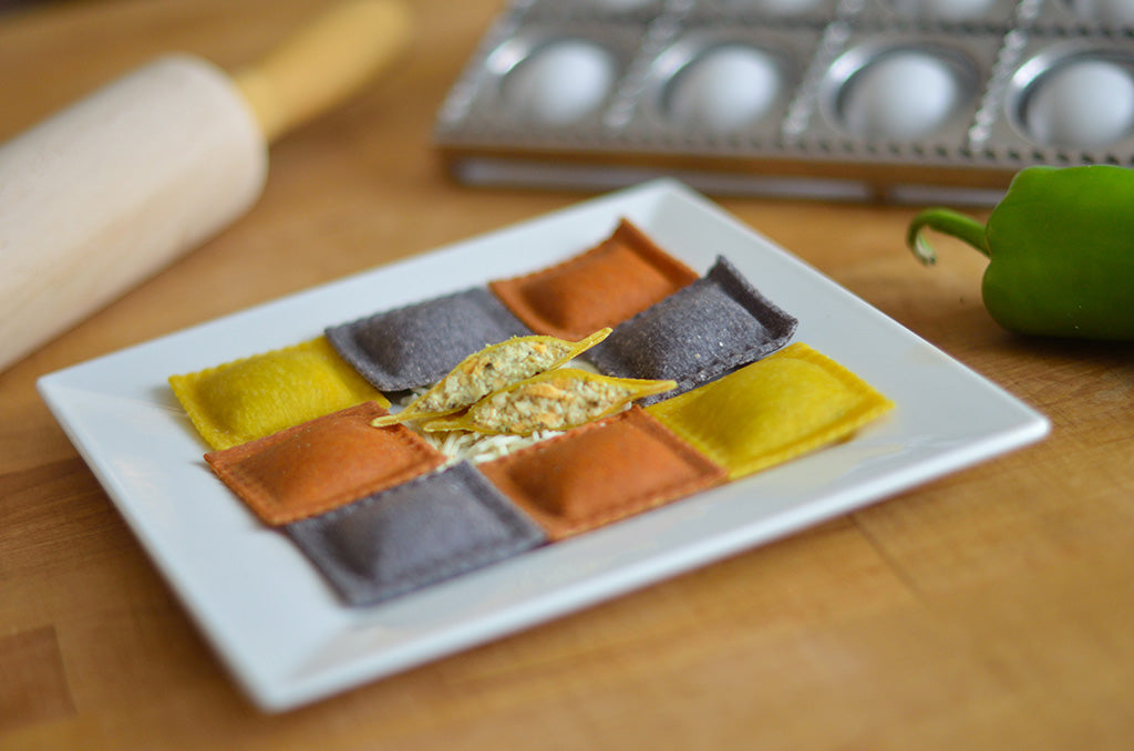 Chili Relleno & Pepper Jack Cheese Ravioli in Blue Corn, Southwest Red Chile & Yellow Corn Maize Doughs - 24 PC, About 12 OZ